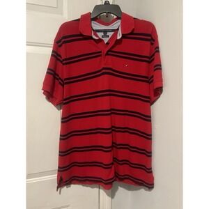 Tommy Hilfiger Polo Shirt Mens Large Red Blue Striped Custom‎ Fit Golf Rugby